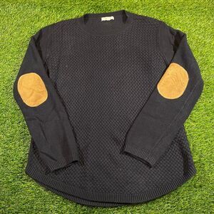 August Mist navy sweater with tan elbow patches size medium